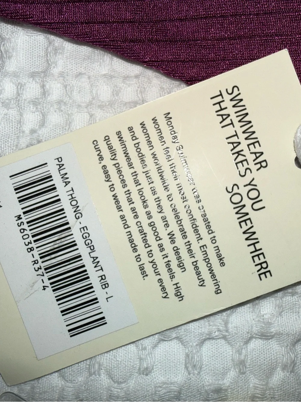 Monday Swimwear NWT new palma thong in ribbed purple eggplant size large bikini